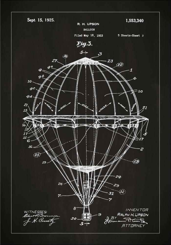 Bildverkstad Patent drawing - Hot air balloon - Black Poster