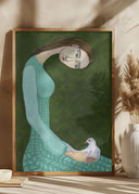 Lady sitting with white dove bird woman Poster