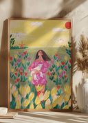 Woman in spring tulip field Poster