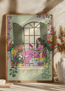 Woman reads on balcony Poster