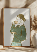 Woman Drinking Tea in Green Poster