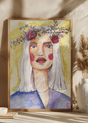 Lady with flower wreath Poster